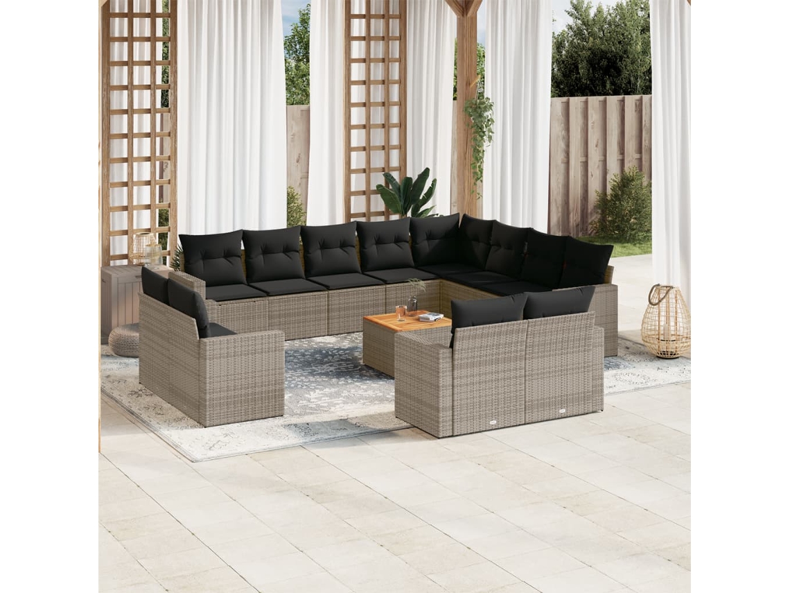 Conjunto 13 sofás p/ jardim c/ almofadões VIDAXL vime PE cinzento