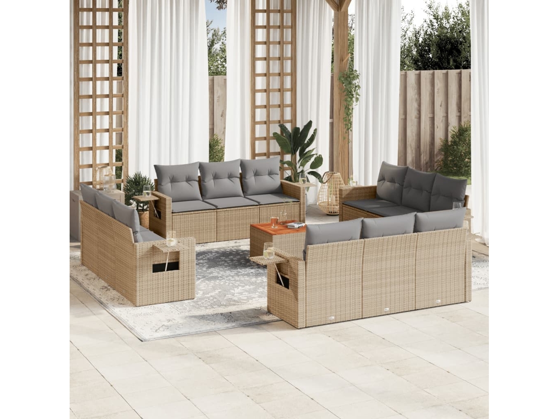 Conjunto 13 de sofás p/ jardim com almofadões VIDAXL vime PE bege
