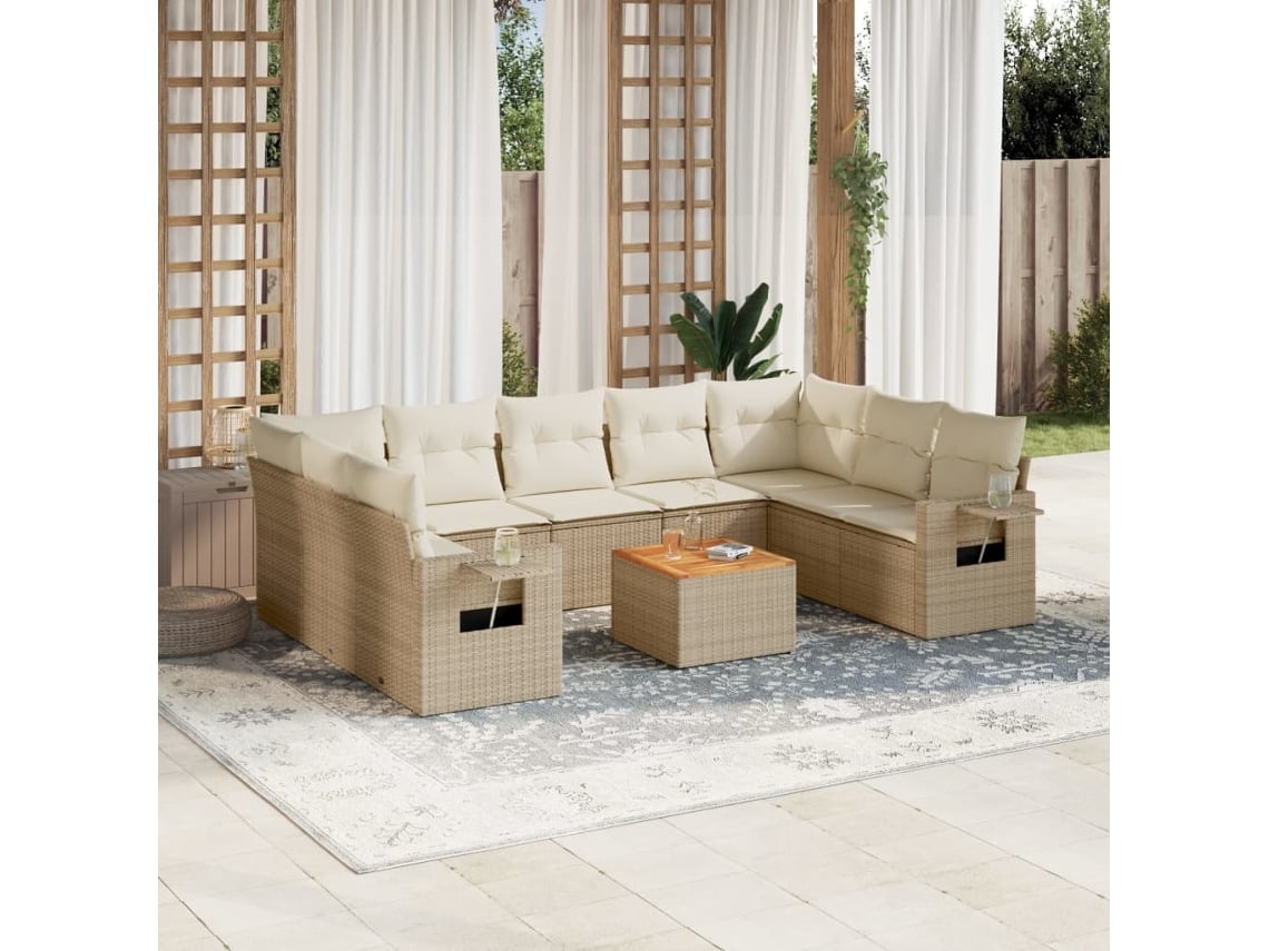 Conjunto 10 de sofás p/ jardim com almofadões VIDAXL vime PE bege
