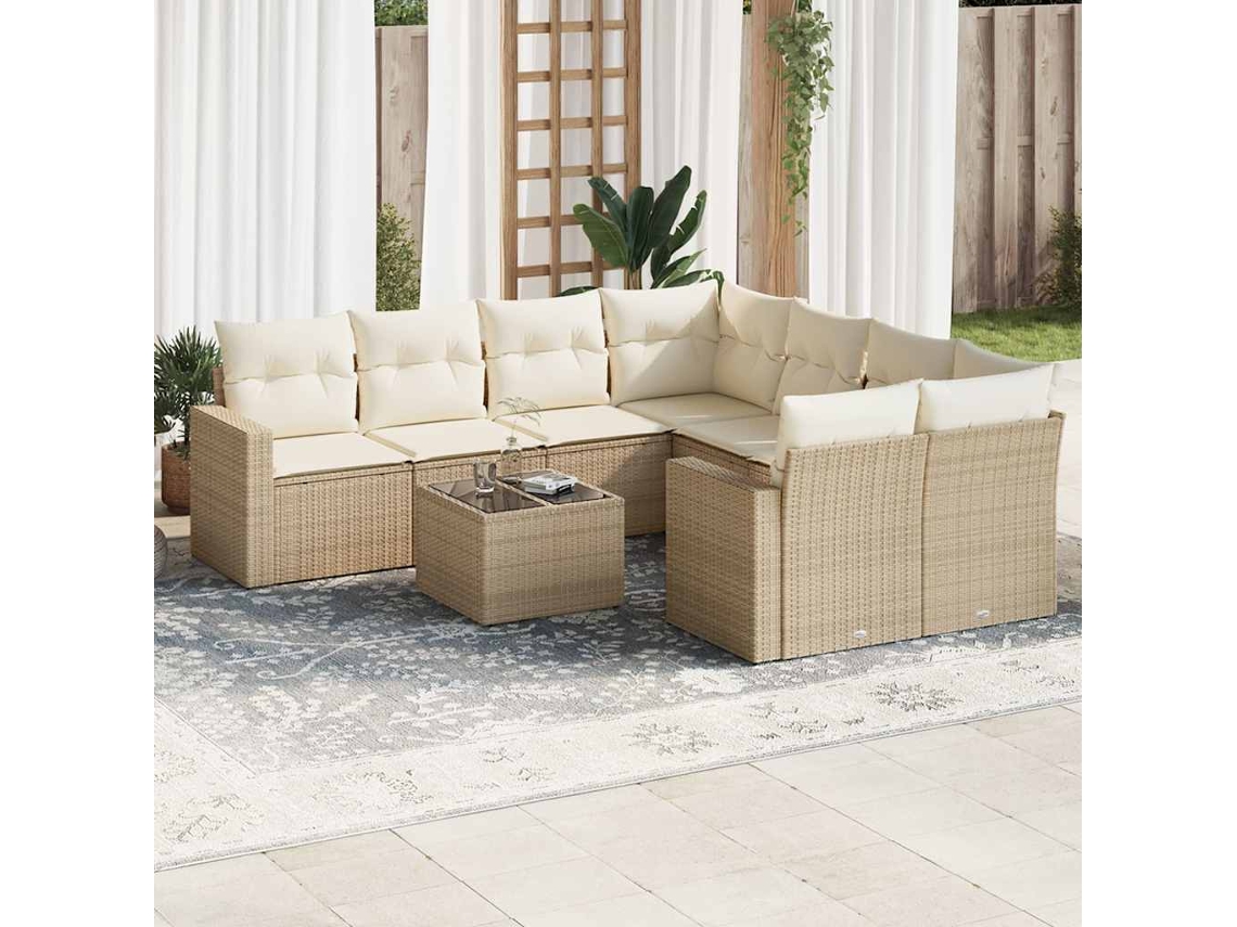 Conjunto 9 de sofás p/ jardim com almofadões vime PE bege