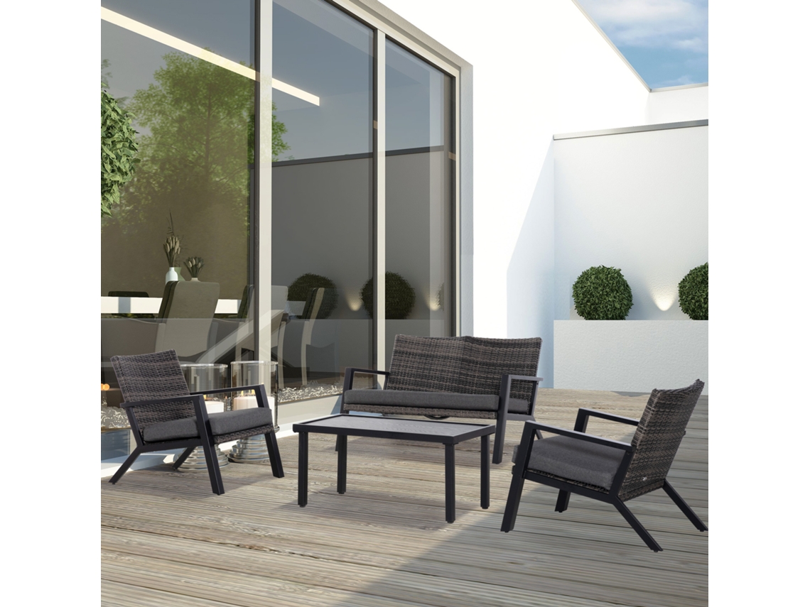 Móveis de Vime Vime PE, Poliéster, Espuma e Metal cor Negro 124x86x75 cm OUTSUNNY