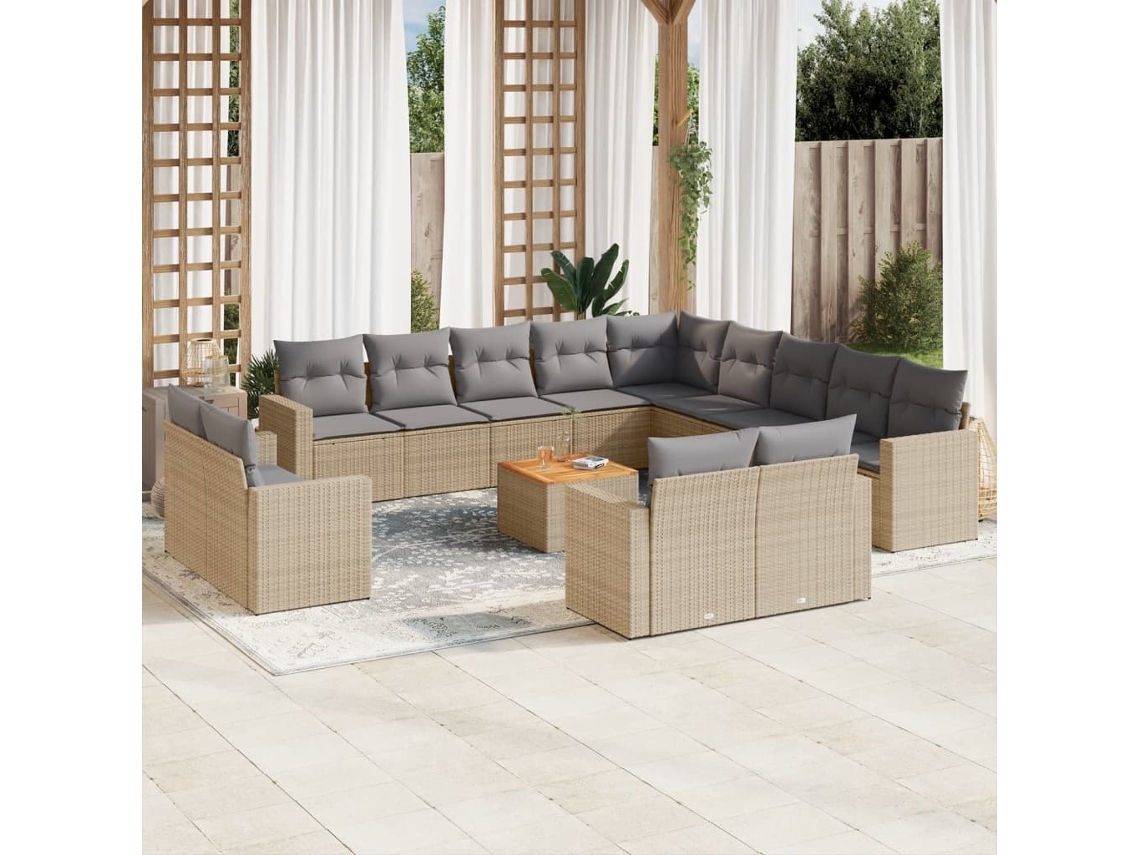 Conjunto 14 de sofás p/ jardim com almofadões VIDAXL vime PE bege