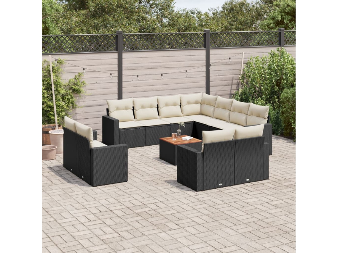 Conjunto 13 de sofás de jardim com almofadões VIDAXL vime PE preto