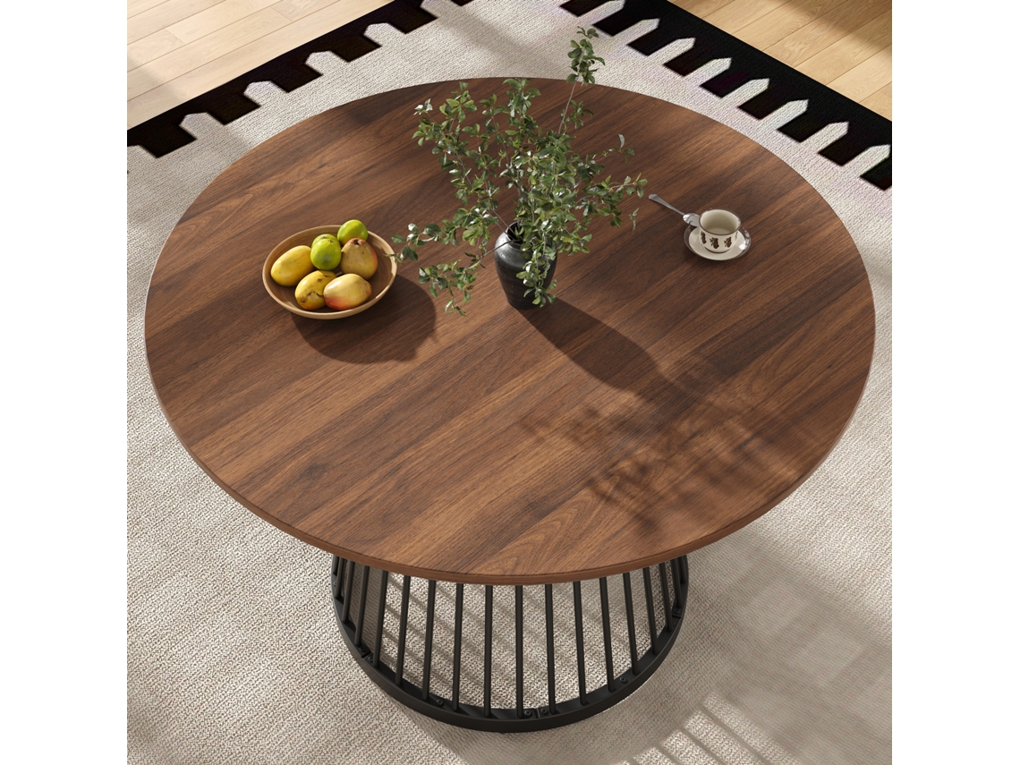 Mesa De Jantar Redonda Estrutura Em Metal Tampo Em Madeira Com Textura 2 A 4 Pessoas Mdf Preto E Castanho Estilo