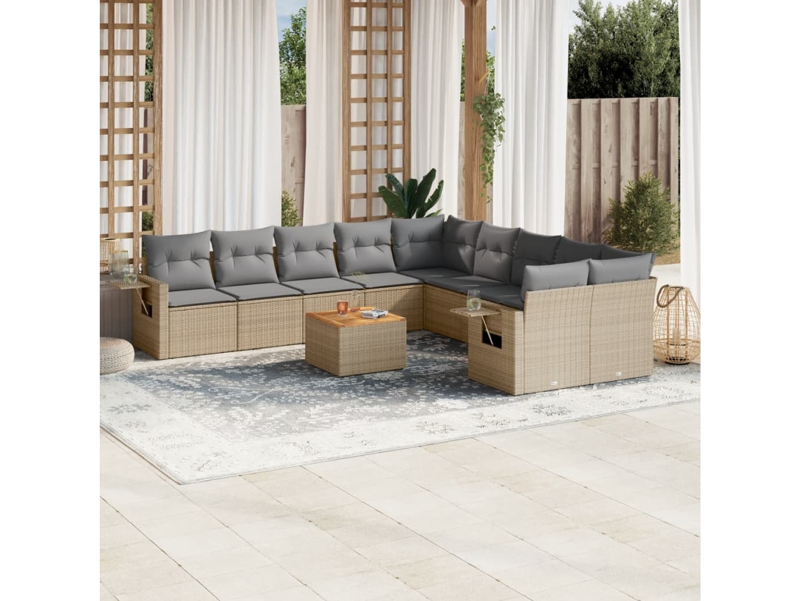 Conjunto 11 sofás de jardim c/ almofadões VIDAXL vime PE bege