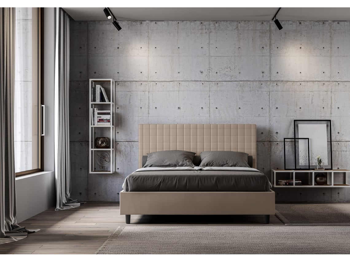 Cama de Casal Queen Size com Arrumação Estofada SunnyITYHOME (160 x 210 cm - Painéis de Melamina e Couro Sintético)