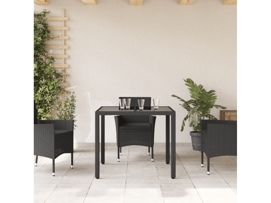 Mesa De Jardim 90x90x75 Cm Vime Pe Preto Vidro Temperado