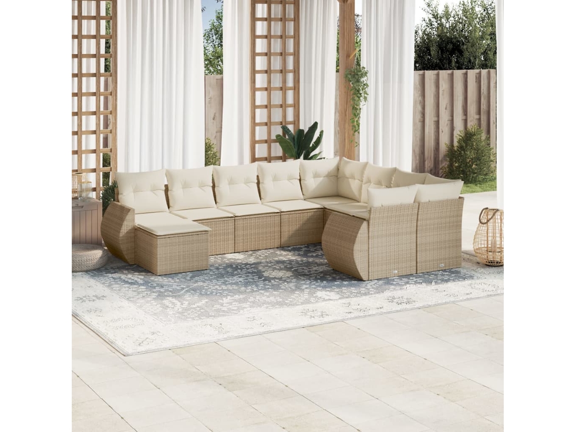 Conjunto 10 de sofás p/ jardim com almofadões VIDAXL vime PE bege