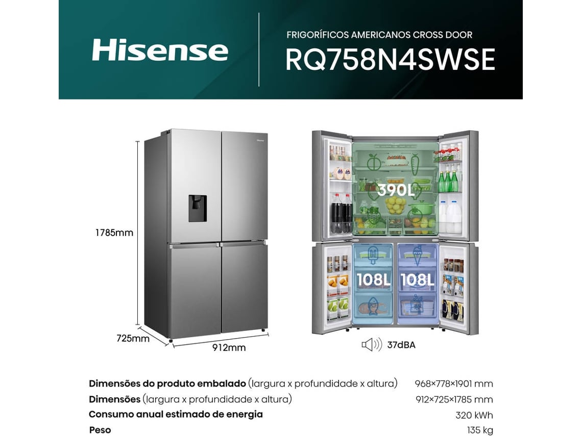 Frigorífico Americano HISENSE RQ758N4SWSE (No Frost - 178.5 cm - 609 L - Inox)