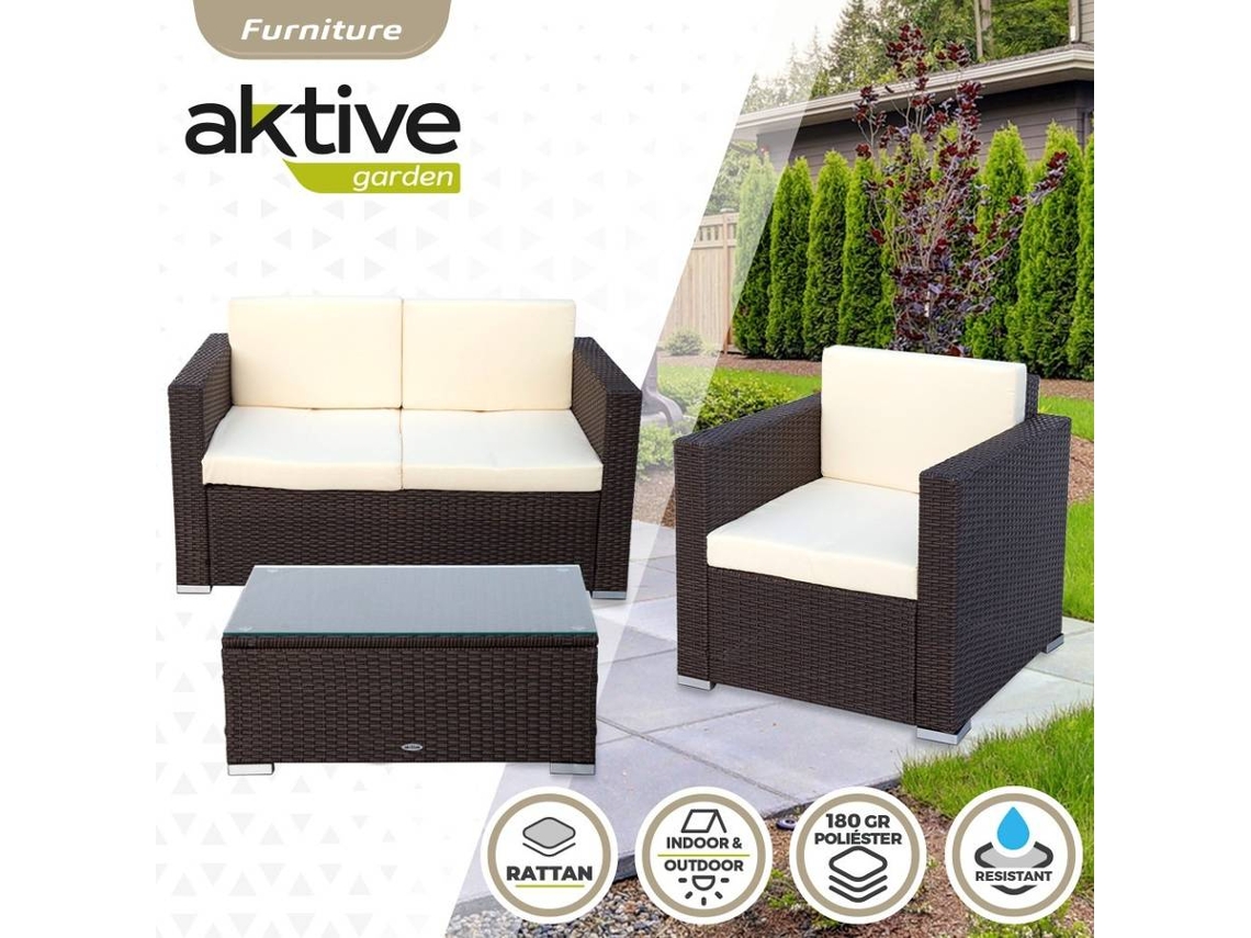 Poltrona + Sofá + Mesa AKTIVE (Preto - Aço, Rattan, Vidro, Poliester - 128x72x72 cm)