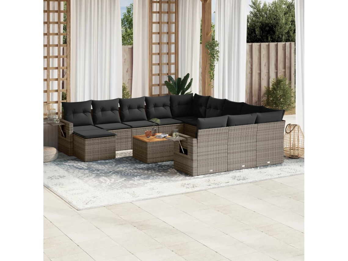 Conjunto 13 sofás p/ jardim c/ almofadões VIDAXL vime PE cinzento