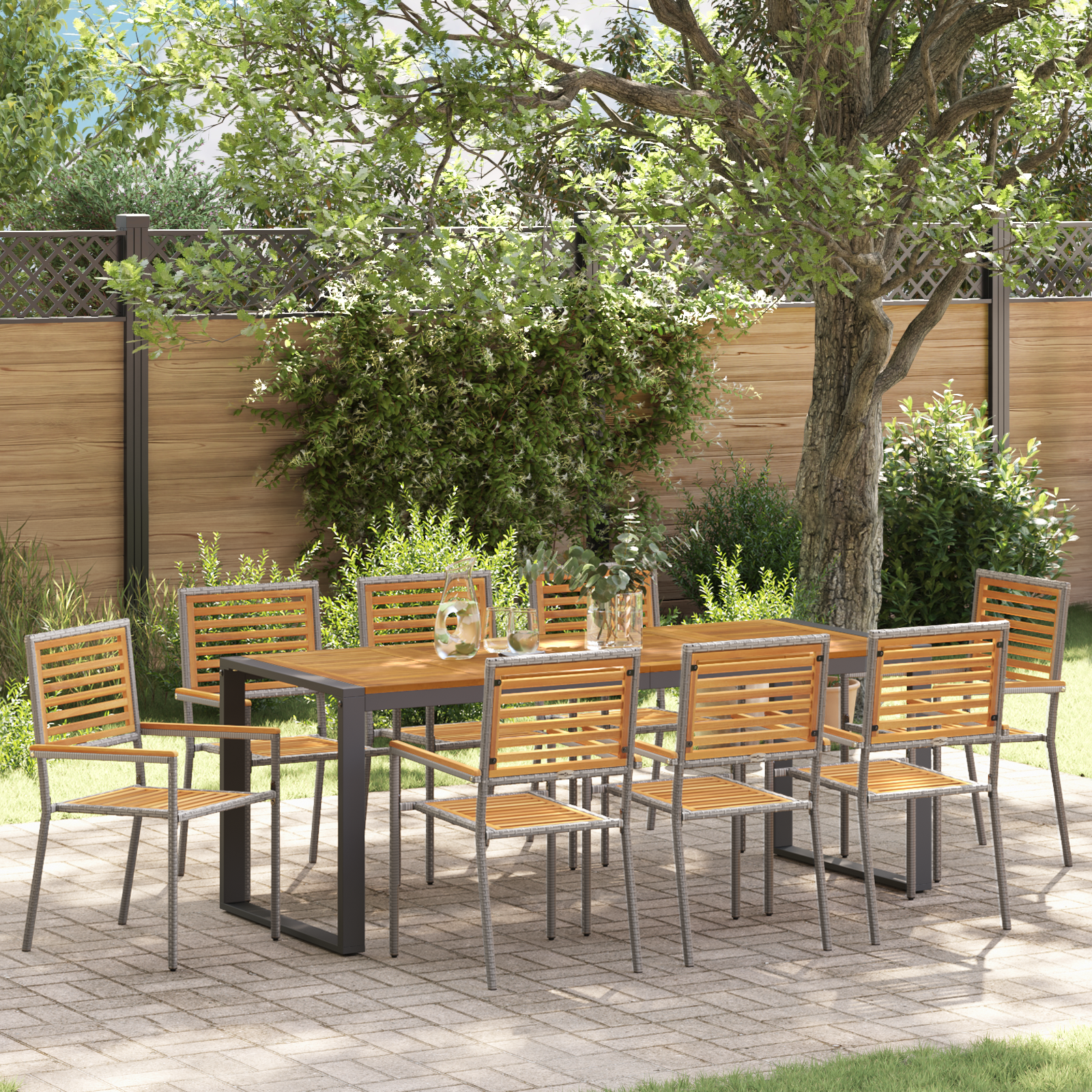 Conjunto 9 De Jantar Para Jardim Vidaxl Cinza Polyrattan Acácia  Cinzento Metal