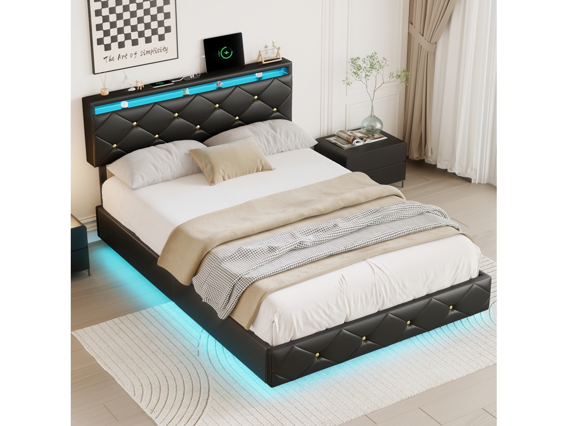Cama De Casal ,160x200cm,estofada Com Led,cabeceira Ajustável Em Altura,adequada Para Adultos/casais/adolescentes,estrutura De Ripas,pu Rosahqnda