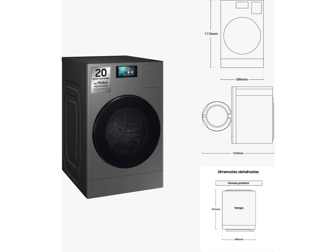 Máquina de Lavar e Secar Roupa SAMSUNG WD18DB8995BZT2 Bespoke AI (18/11 kg - 1100 rpm - Cinzento)