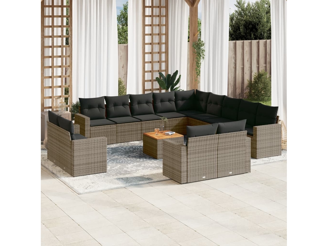 Conjunto 14 sofás p/ jardim c/ almofadões VIDAXL vime PE cinzento
