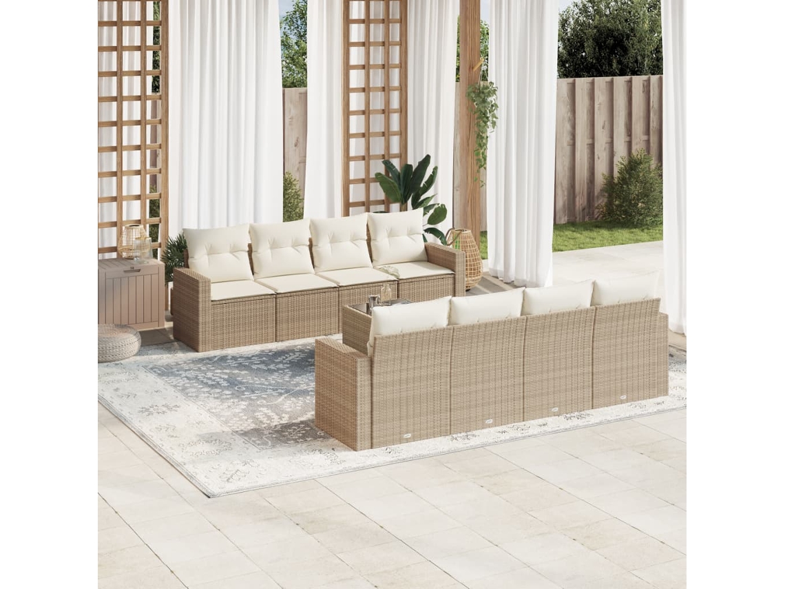 Conjunto 9 de sofás p/ jardim com almofadões vime PE bege