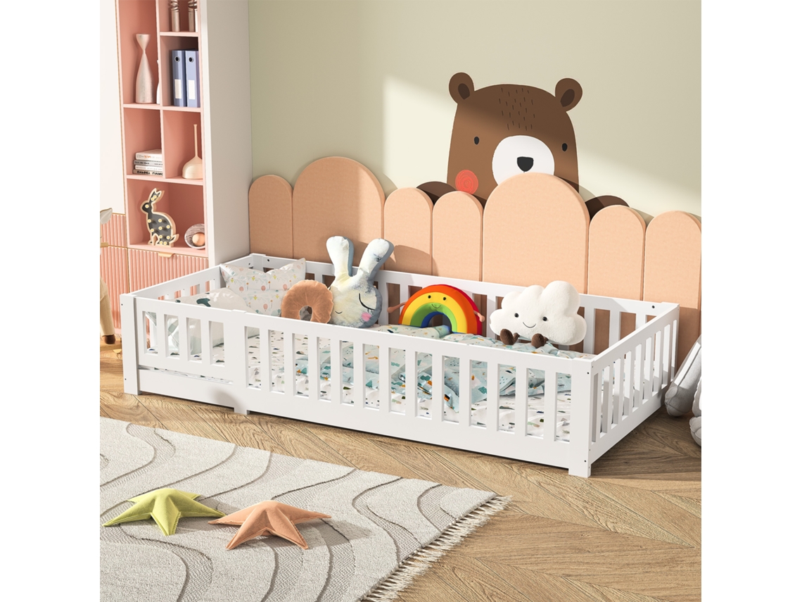 Cama Bebê Segura Cama Infantil 90x200 Cm Madeira Maciça De Pinho Branca Com Estrutura De Ripas Anticaídas E Barreira Ajustável Norma En747
