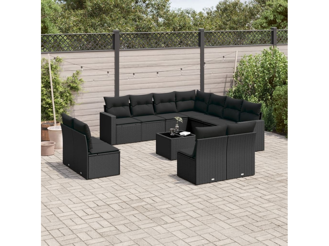 Conjunto 12 de sofás de jardim c/ almofadões VIDAXL vime PE preto