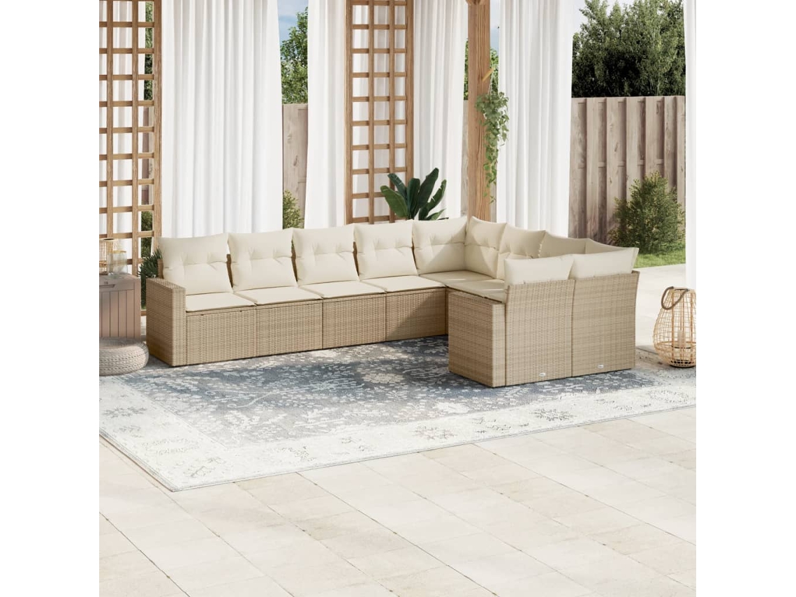 Conjunto 9 de sofás p/ jardim com almofadões vime PE bege