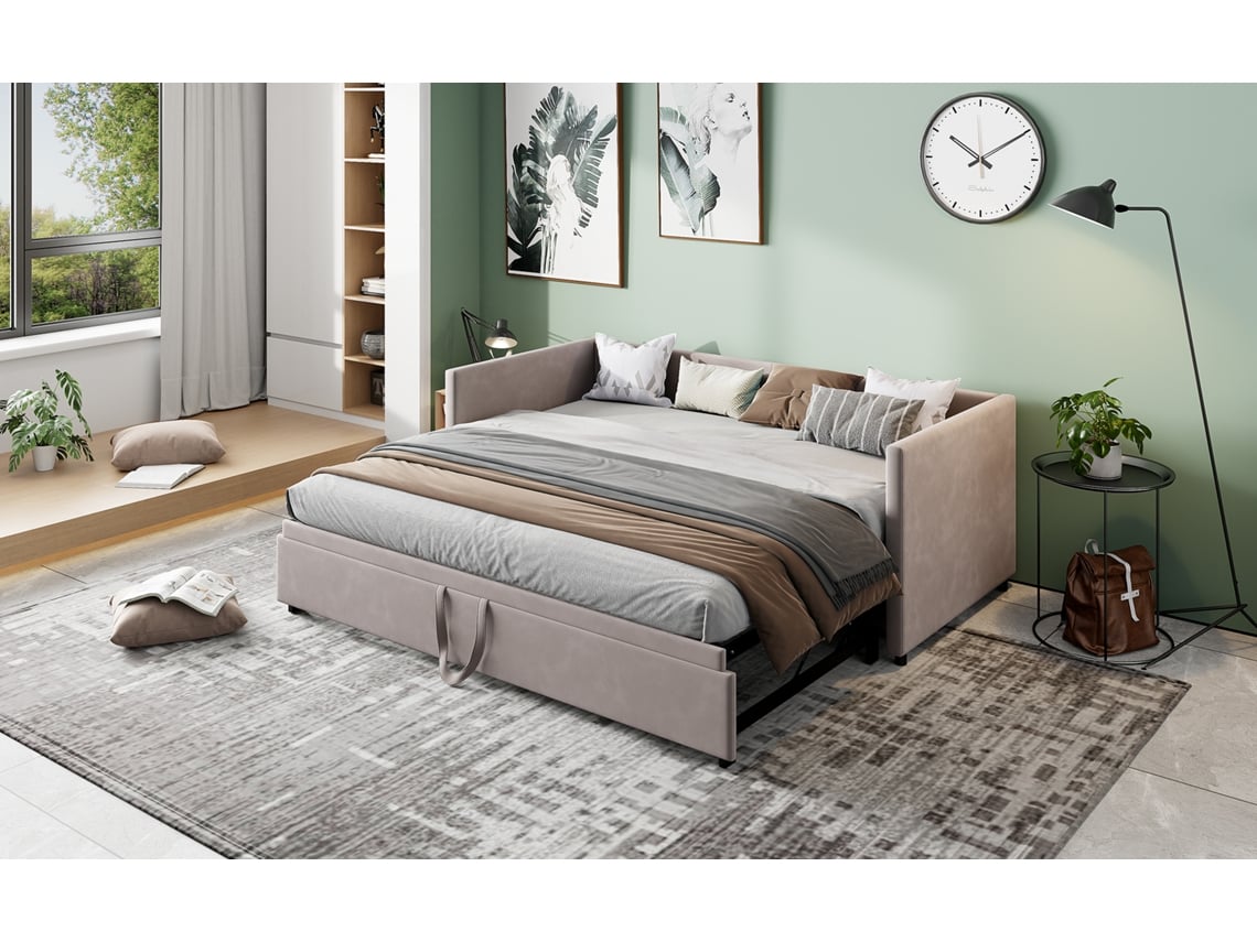 Sofá Cama Extensível 90/180x200 Cm Com Estrado De Ripas, Cama Multifunções, Tecido De Veludo, Cinza Rosahqnda