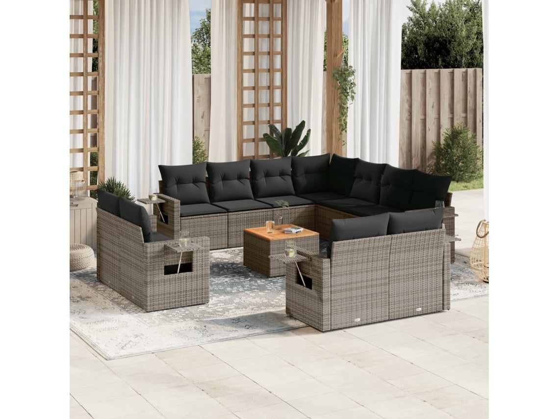 Conjunto 12 de sofás jardim c/ almofadões VIDAXL vime PE cinzento