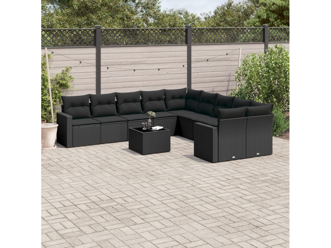 Conjunto 11 sofás de jardim c/ almofadões VIDAXL vime PE preto
