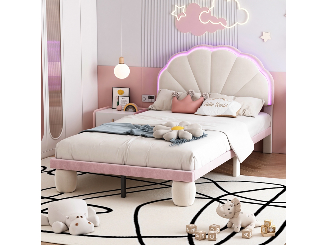 Cama Estofada 90x200cm, Com Fitas Led Multicoloridas E Variáveis, Cabeceira Com Borda Recortada, Cama De Solteiro, Veludo, Bege Rosa