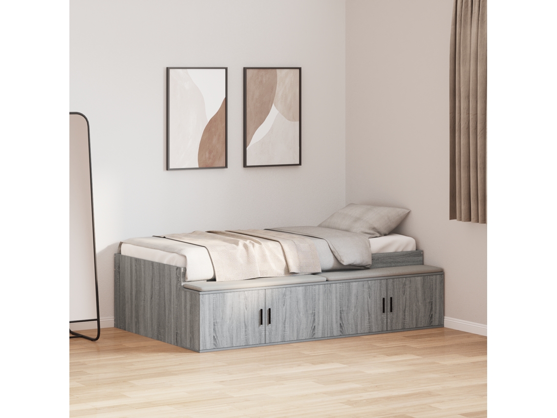 Cama De Solteiro Com Muita Arrumação Vidaxl Cinzento Derivados De Madeira