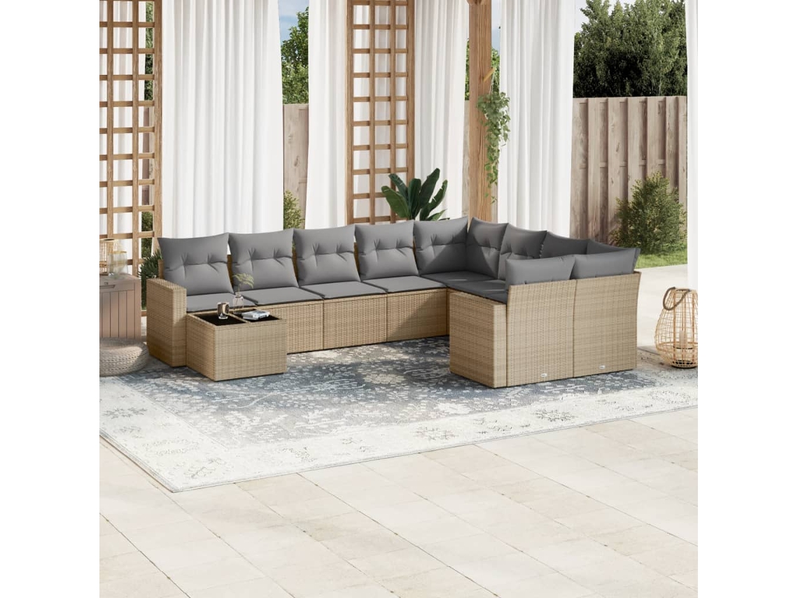 Conjunto 10 de sofás p/ jardim com almofadões VIDAXL vime PE bege