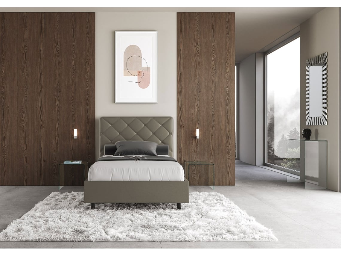Cama de Casal com Arrumação Estofada PriyaITYHOME (140 x 210 cm - Painéis de Melamina e Couro Sintético)