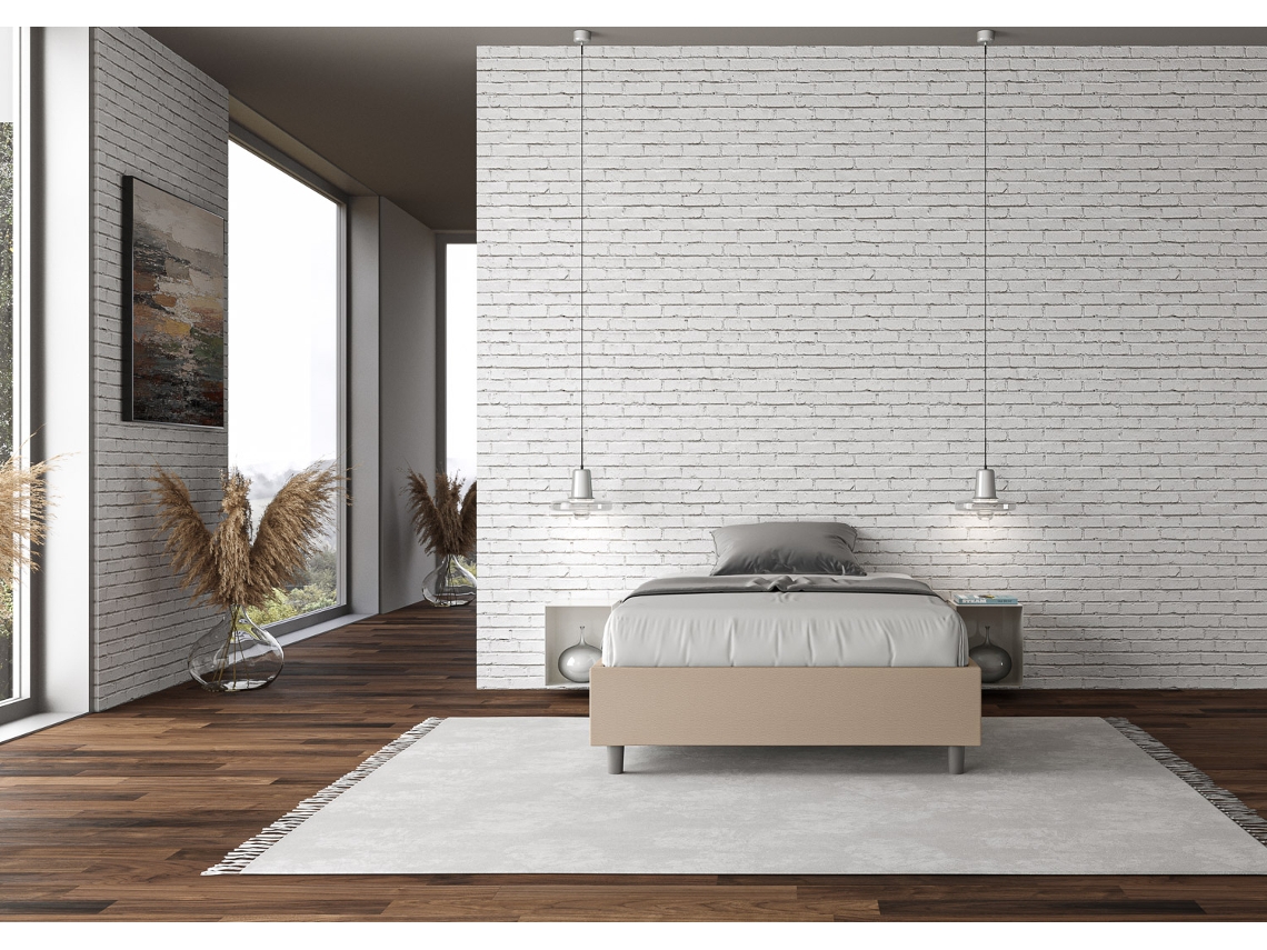 Cama de Casal com Arrumação Estofada Sem Cabeceira AzeliaITYHOME (140 x 190 cm - Painéis de Melamina e Couro Sintético)