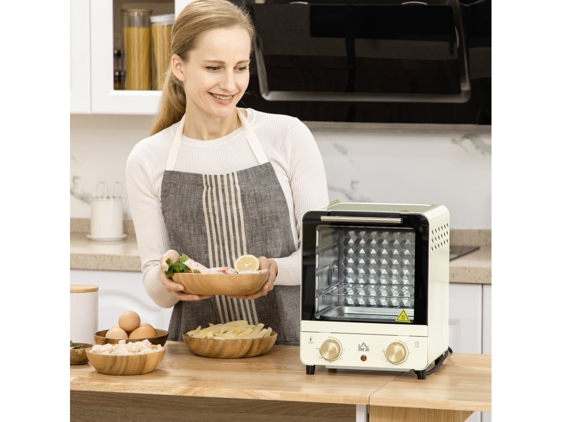 Mini forno com ventilador de 15 L, 1000 W, 60 Hz, 230 °C, timer de 1 hora, forno de pizza com assadeira e bandeja para migalhas, Hvorstur creme branco