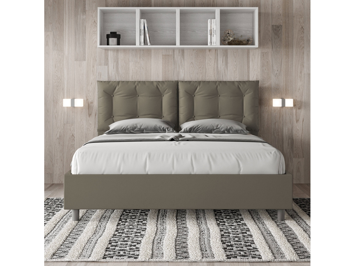 Cama de Casal Queen Size Con Estrado Estofada AnnalisaITYHOME (160 x 210 cm - Painéis de Melamina e Couro Sintético)