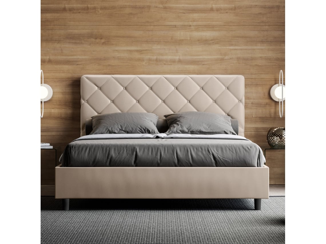 Cama de Casal Queen Size Con Estrado Estofada PriyaITYHOME (160 x 210 cm - Painéis de Melamina e Couro Sintético)