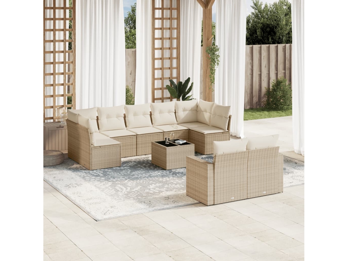 Conjunto 10 de sofás p/ jardim com almofadões VIDAXL vime PE bege
