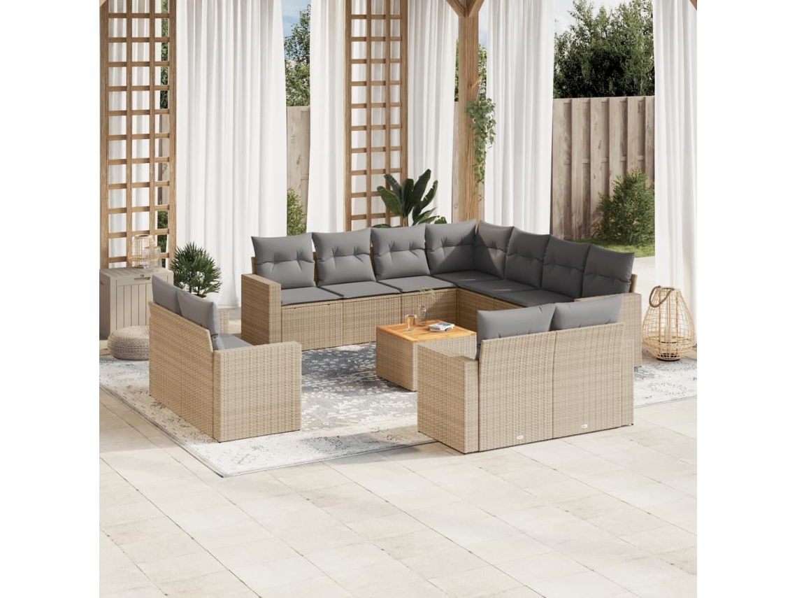 Conjunto 12 de sofás p/ jardim com almofadões VIDAXL vime PE bege