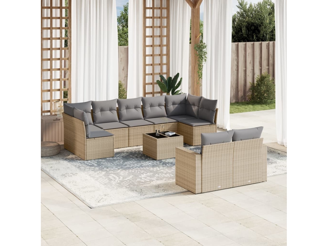 Conjunto 10 de sofás p/ jardim com almofadões VIDAXL vime PE bege