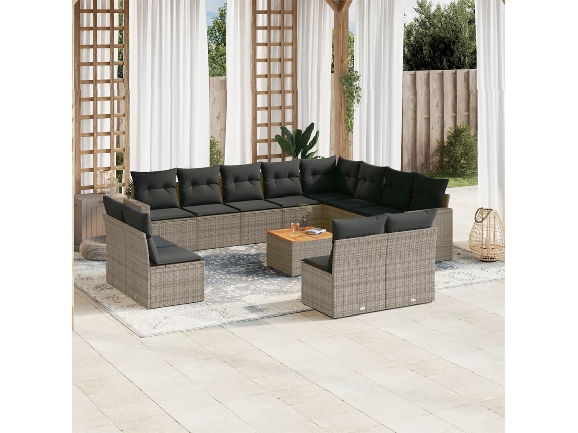 Conjunto 13 sofás p/ jardim c/ almofadões VIDAXL vime PE cinzento