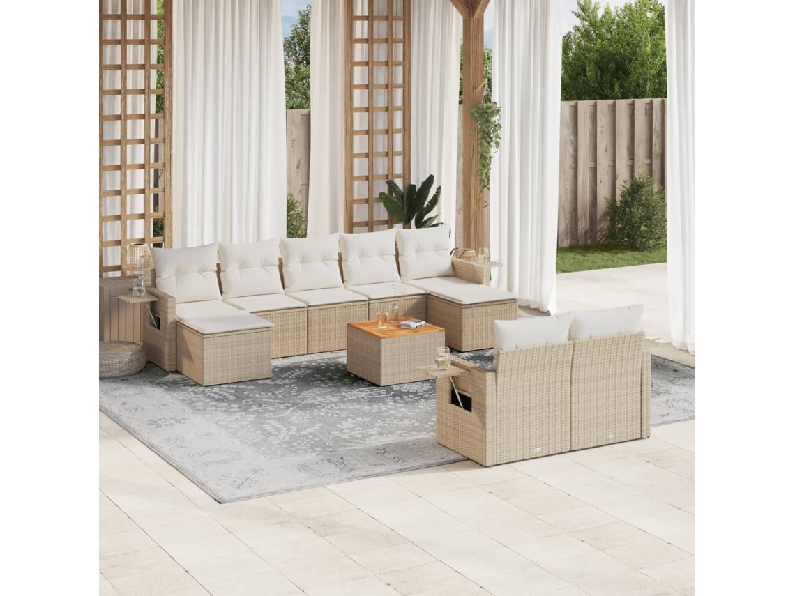 Conjunto 10 de sofás p/ jardim com almofadões VIDAXL vime PE bege