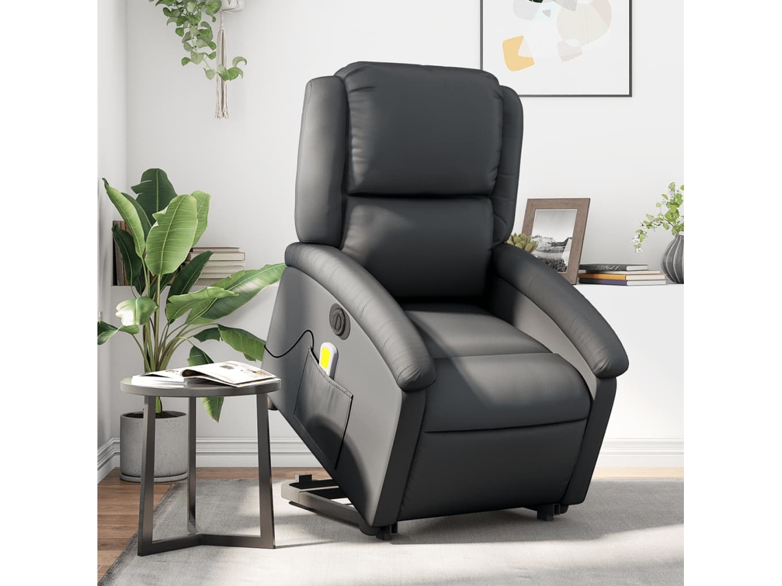 Poltrona Reclinável Elevatória VIDAXL Elétrica Couro Genuíno Preto (71x86.5x99.5 cm)