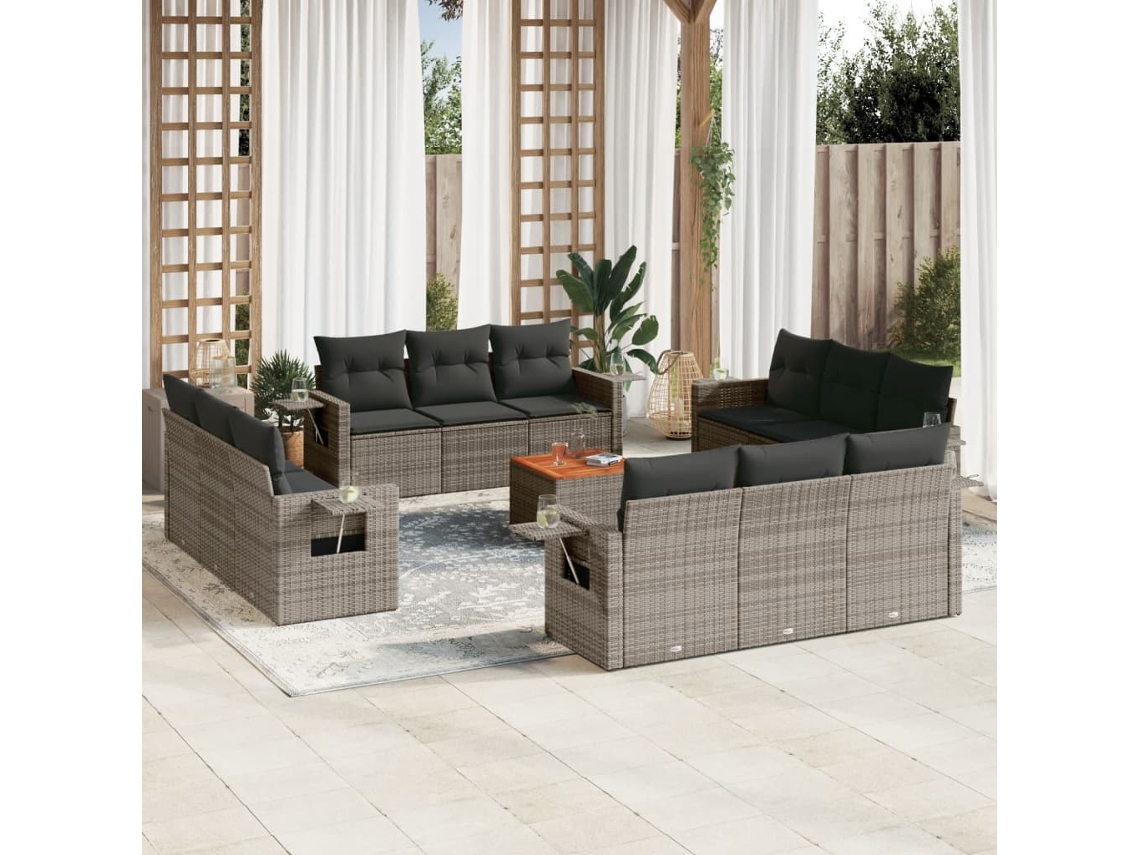 Conjunto 13 sofás p/ jardim c/ almofadões VIDAXL vime PE cinzento