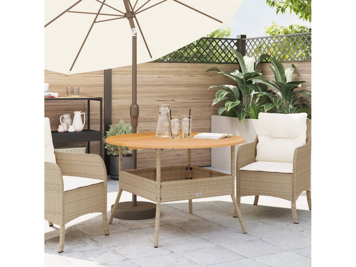 Mesa De Jardim Ø110x71cm Tampo Acácia Vime Pe Bege