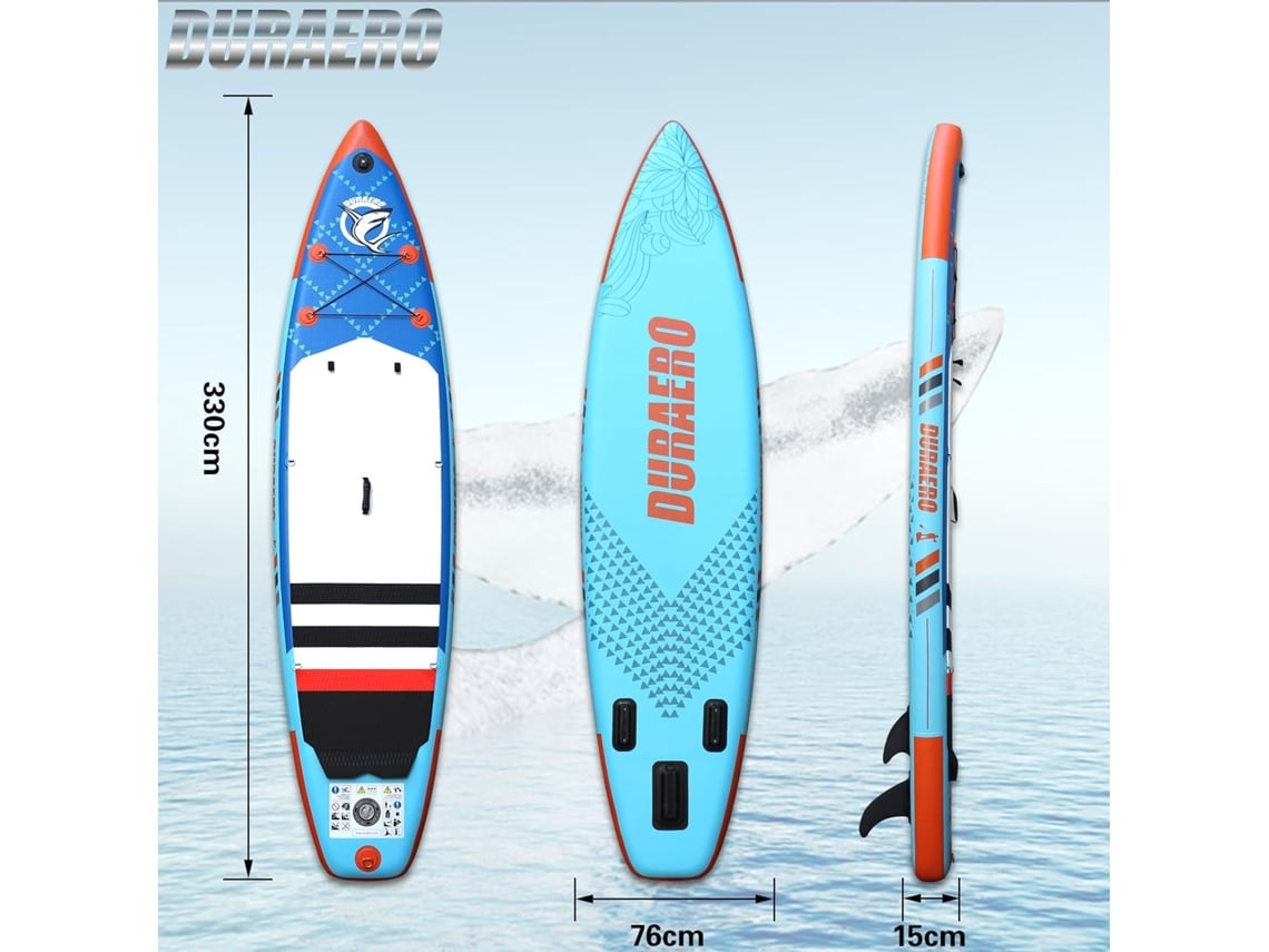 Prancha Inflável de Stand Up Paddle Sup 330X76X15Cm Suporta Até 150Kg Azul Barbatanas Remo Duplo Ajustáv DURAERO