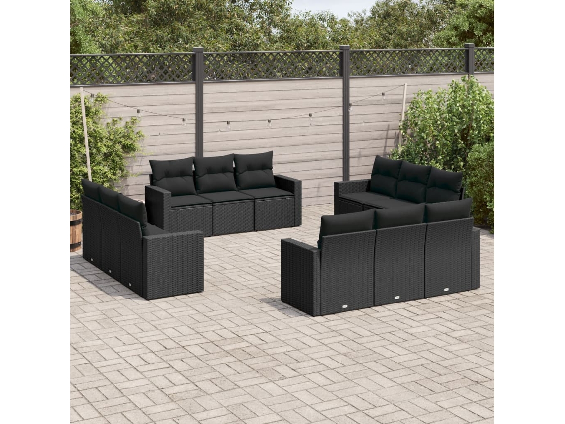 Conjunto 12 de sofás de jardim c/ almofadões VIDAXL vime PE preto