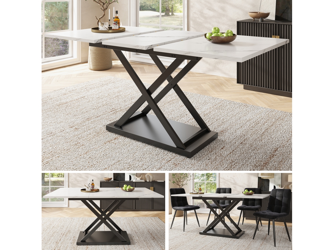 Mesa De Jantar Extensível Com Pés De Ferro Pretos, Design Compacto Para Cozinha E Sala, Mármore Branco Liptaptyn (120 160×80cm)