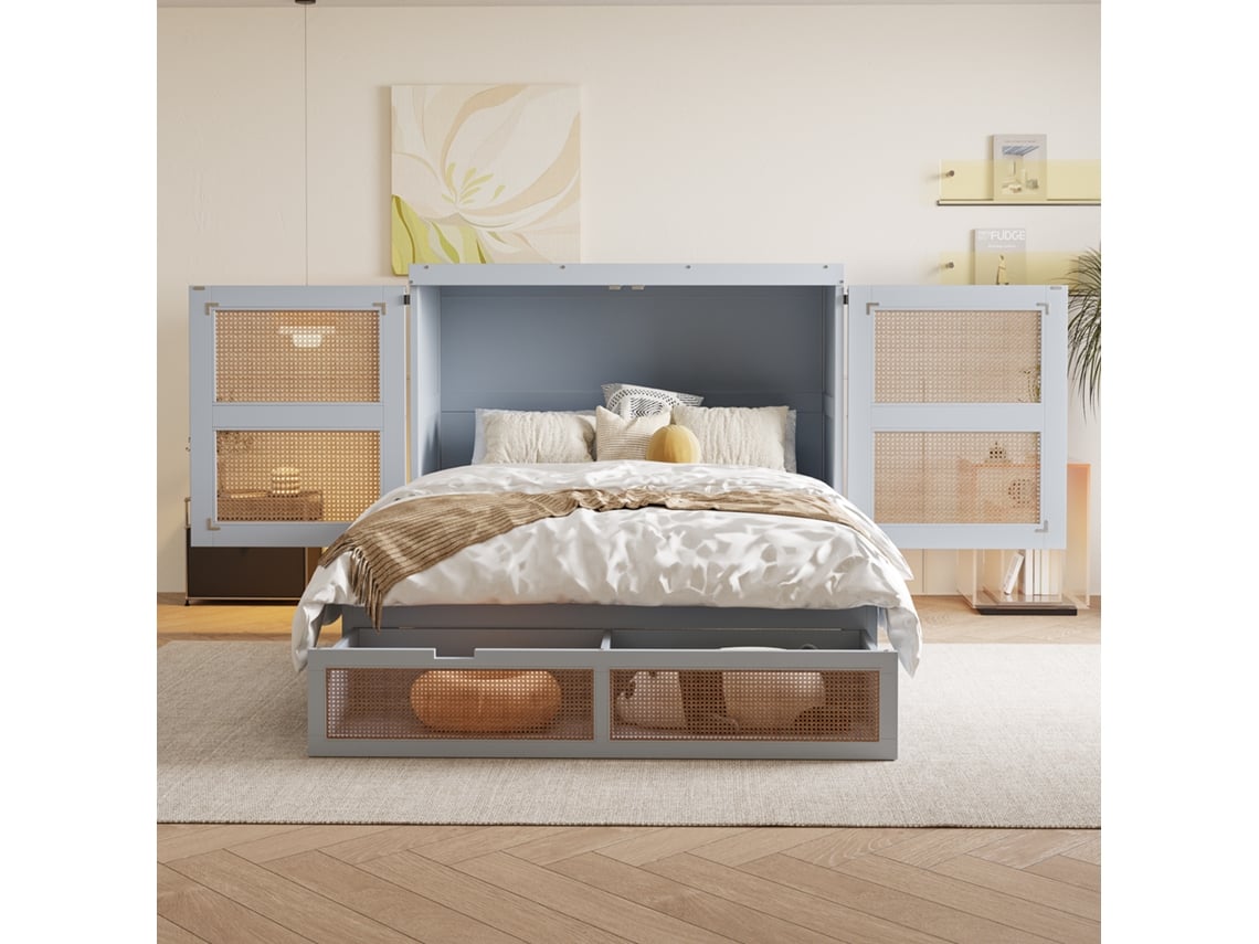 Cama Murphy 140 X 200 Cm, Cama De Parede, Com Gavetas De Arrumação, Design De Vime, Cinzento