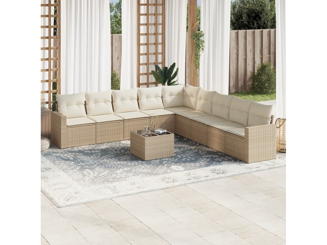 Conjunto 10 de sofás p/ jardim com almofadões VIDAXL vime PE bege