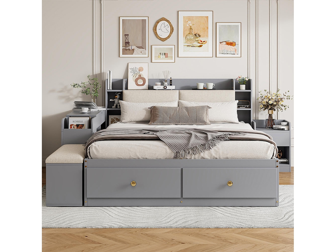 Cama De Casal Com Arrumação Combinada Gutent Madeira Maciça Cinzento (140x200cm)