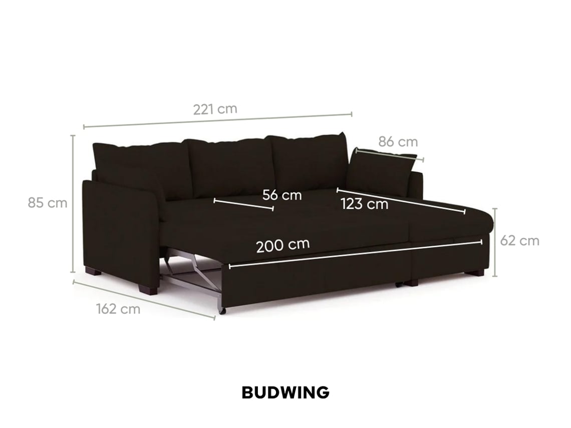 Sofá Cama 3 Lugares BUDWING Orlando Castanho + Chaise c/ Arrumação Integrada (221 x 162 x 85 cm - Reversível Lado Direito/Esquerdo)