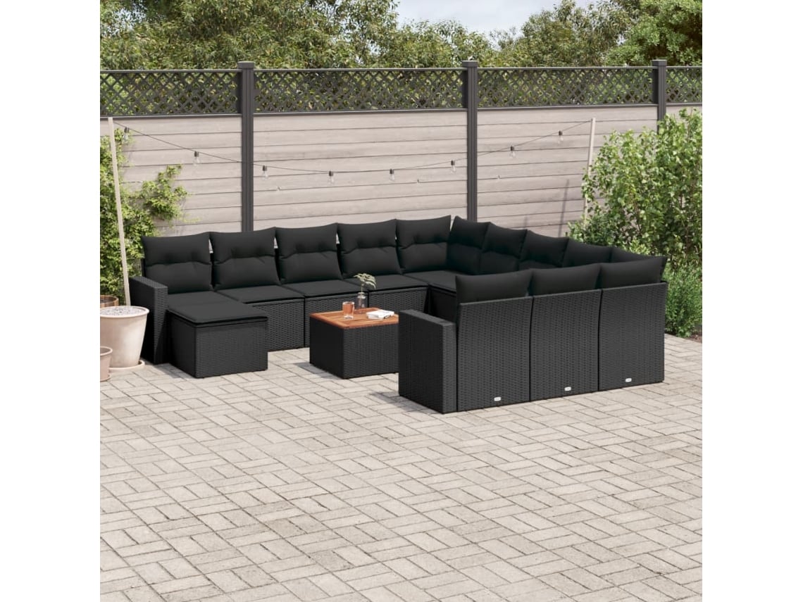 Conjunto 13 de sofás de jardim com almofadões VIDAXL vime PE preto